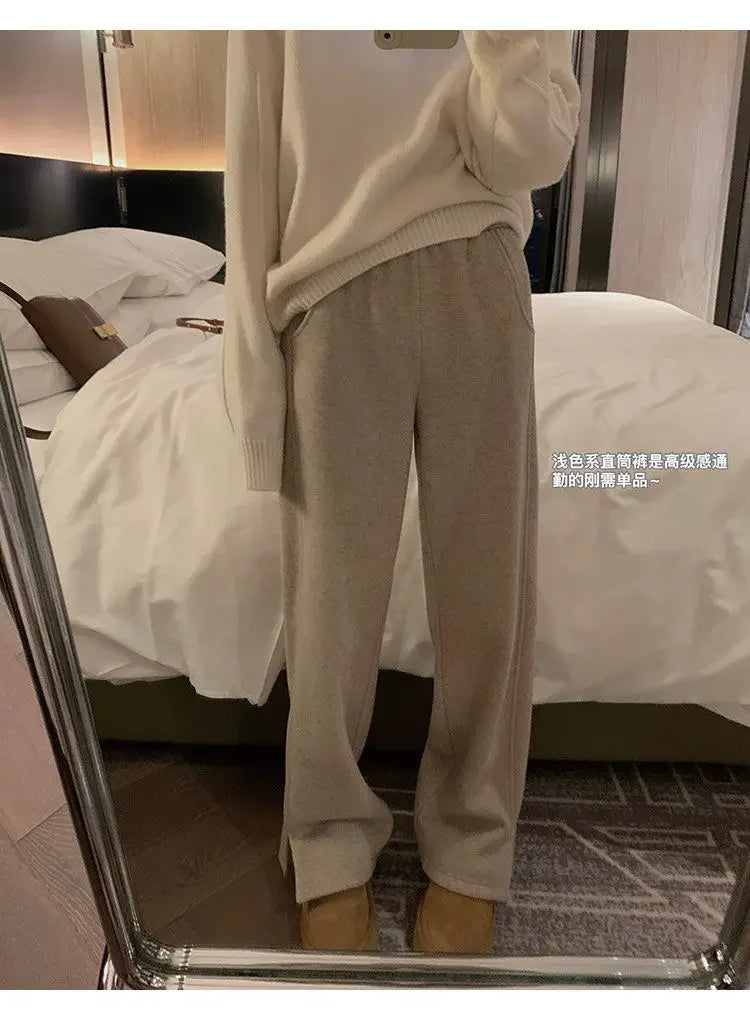 Women Pants Autumn Winter Thickening High Waisted Wool Wide Leg Pants Women Fashion Chevron Lengthening Leg Opening Floor Length RT220