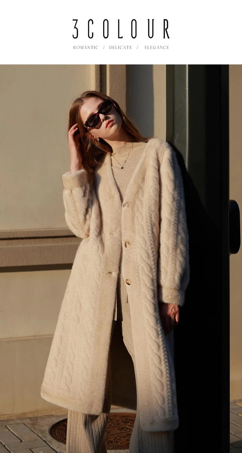 Women Fur Cardigan Thickened Long 2024Autumn Winter V-neck Jacket Female Loose Simple Leisure With Buttons Casual Faux Fur Coat RT220