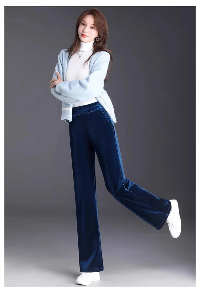 Golden Velvet Wide Legged Pants 2024 Spring and Autumn High Waist Hanging Good Casual Pants Blue Loose Straight Women's Pants6XL RT220