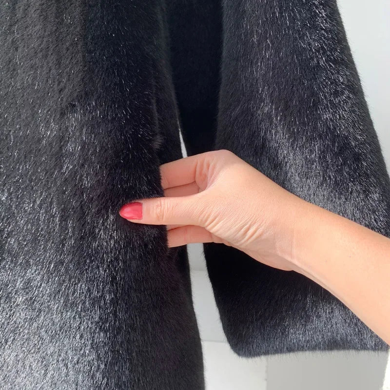 Faux Fur Coats Women Stand Collar Mid Length Long Coat Thick Maxi Warm Y2k Tops Open Stitch Elegant Autumn Winter Black Jackets RT220
