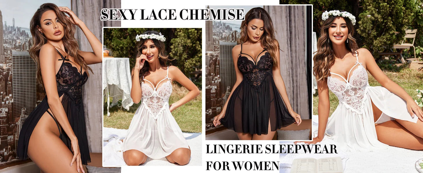 New Sexy Nightgown White Lace Babydoll Set Women's Romantic Sheer Floral Lingerie Flowy Skirt Chemise Mini Dress Hot Sale Nighty RT220