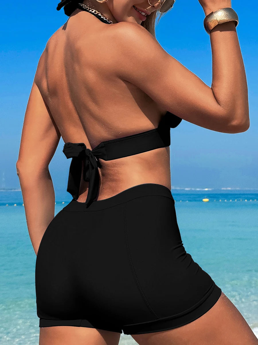 2025 High Waist Bikini Solid Halter Swimsuit Women Sexy Swimwear Female Bathers Bathing Swimming Swim Suit Beachwear RT220