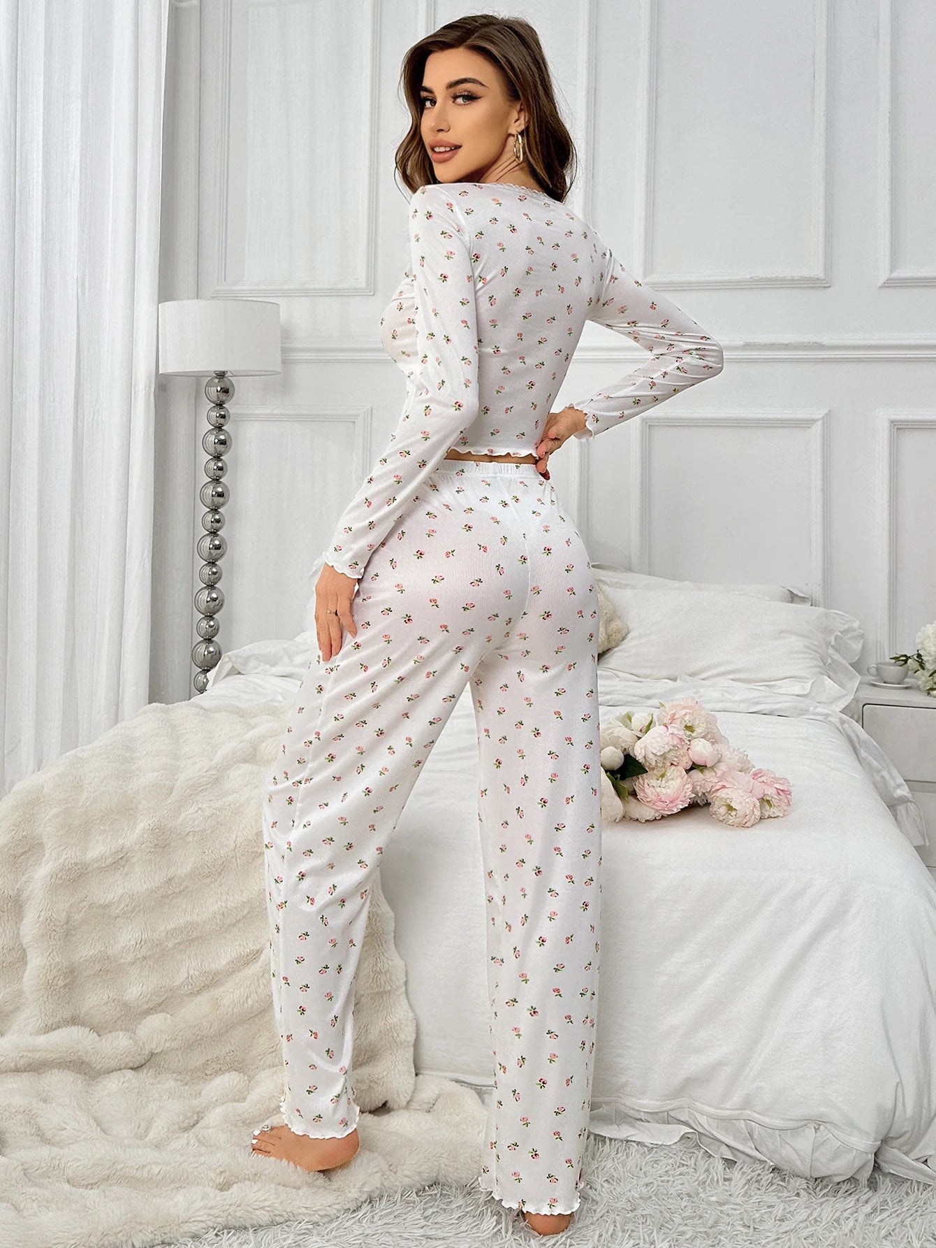 Women's Sleepwear Suit Vintage Floral Print Lettuce Trim Long Sleeve Top and Pant Loungewear Full Sleeve Nightwear Pajamas Set RT220