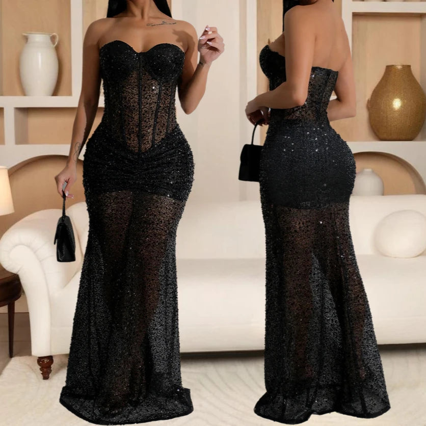 Long Dresses With Sleeves Strapless Sequin Womens Dresses See-through Elegant Party Evening Dress Birthday Prom Maxi Dress XSY22 RT220