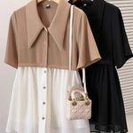 Spliced fake Two-piece Polo Collar Suit Shirt for Women in Summer Loose and Versatile Slim Top RT220