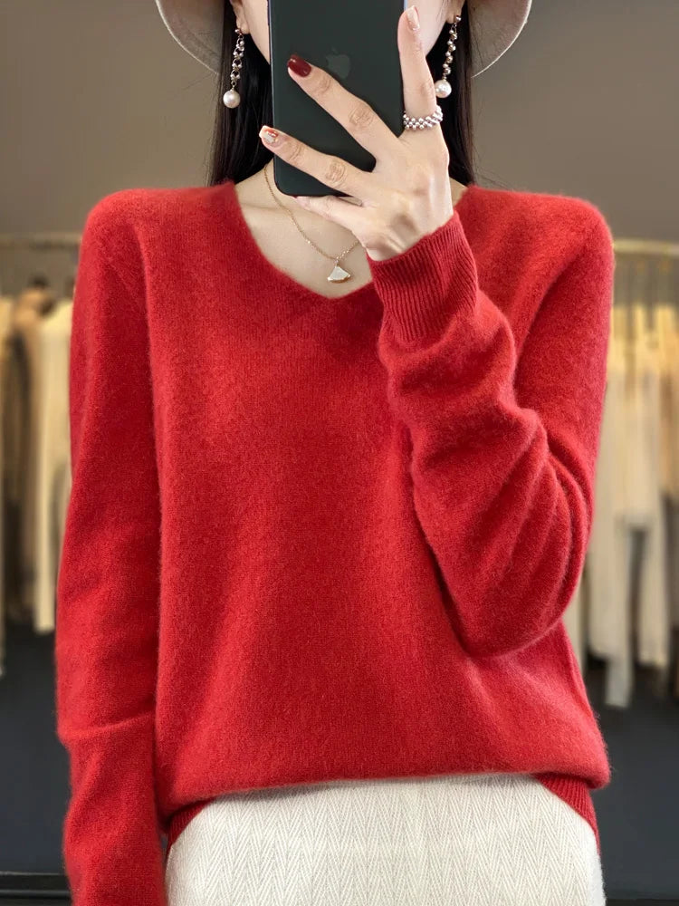 2024 New Womens Basic V-neck Pullover Sweater 100% Merino Wool Long Sleeve Cashmere Knitwear Autumn Winter Female Clothing Tops RT220