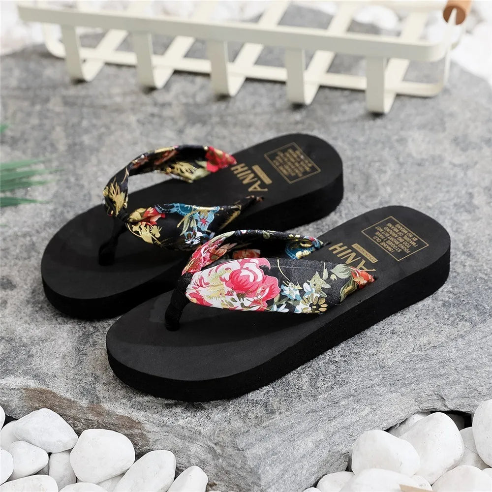 Summer EVA Beach Platform Slippers Wedge Sandals 3/5.2cm Heel High Fashion Casual Satin Printing Vacation Women's Slippers RT220
