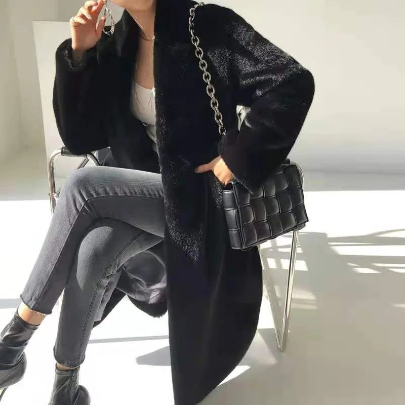 Coats Women Faux Fur Stand Collar Mid Length Long Coat Thick Maxi Warm Thick Open Stitch Elegant Autumn Winter Black Jackets RT220