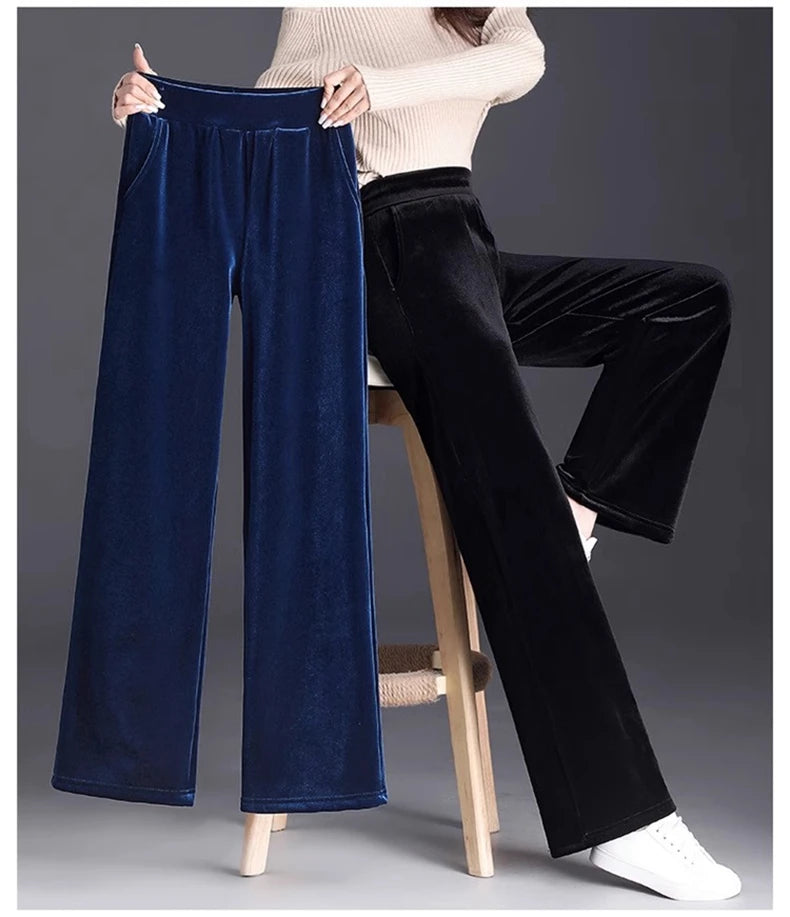 Golden Velvet Wide Legged Pants 2024 Spring and Autumn High Waist Hanging Good Casual Pants Blue Loose Straight Women's Pants6XL RT220