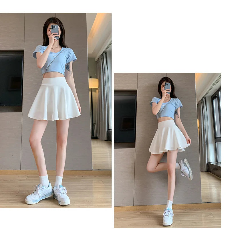 ITOOLIN Women Sweet Solid Color Preppy Skirts Casual Wide Leg High Waist Mini Skirts Women Harajuku Pleated A-line Skirts New RT220