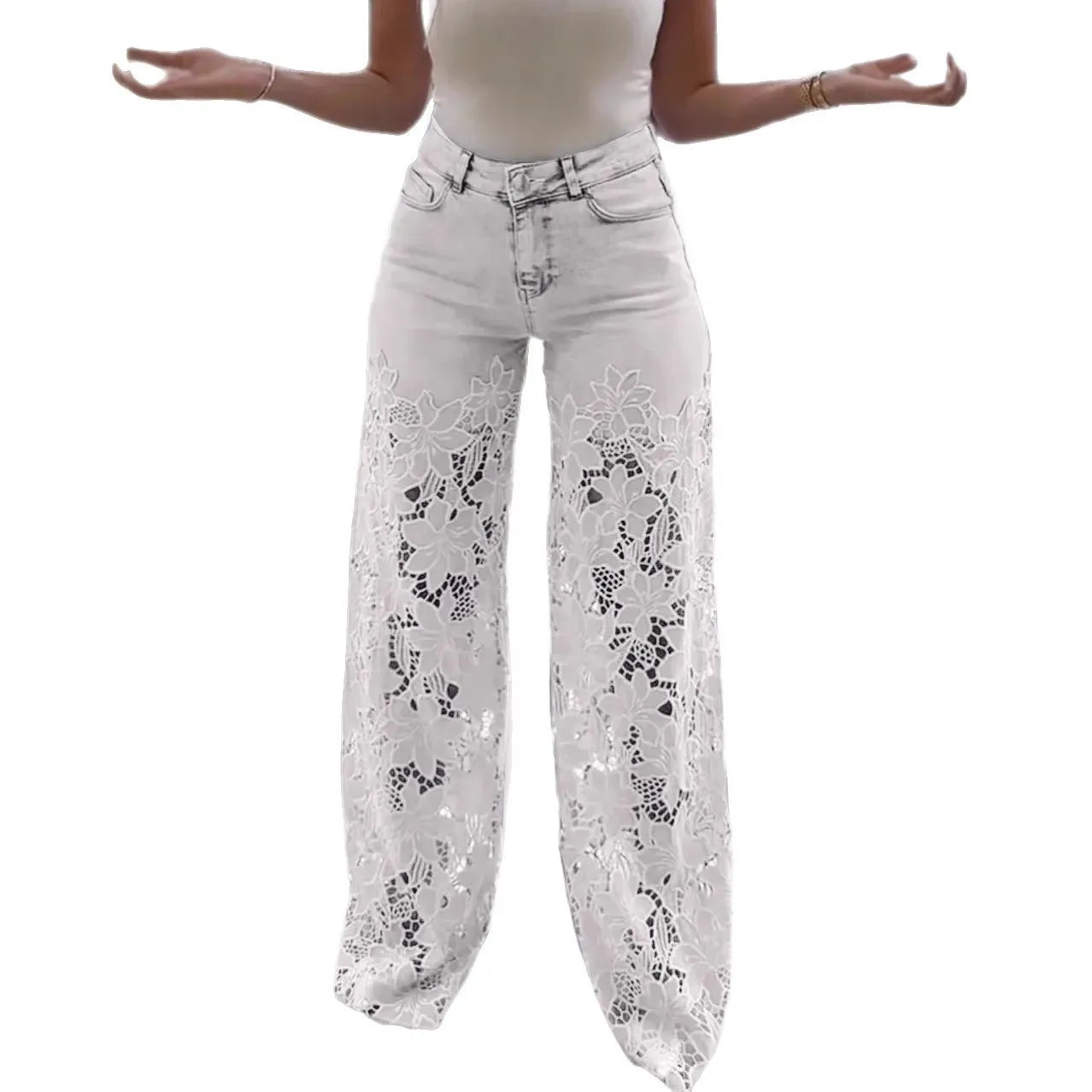 Women's Spring Summer Fashion Hollow Out Lace Splicing Denim Drape Pants Full Length Trousers RT220