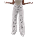 Women's Spring Summer Fashion Hollow Out Lace Splicing Denim Drape Pants Full Length Trousers RT220