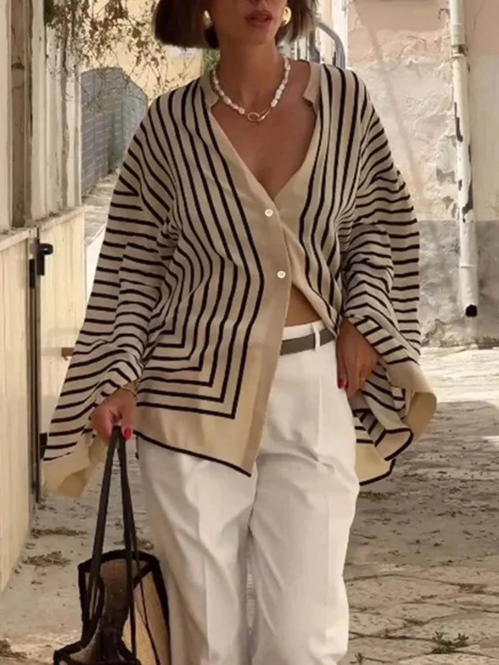 Elegant Striped Shirts Women Vintage Irregular White Blouses Ladies Fashion Long Sleeve Chic Buttons Loose Design Tops New Blusa RT220