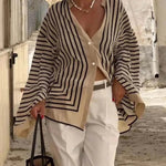 Elegant Striped Shirts Women Vintage Irregular White Blouses Ladies Fashion Long Sleeve Chic Buttons Loose Design Tops New Blusa RT220