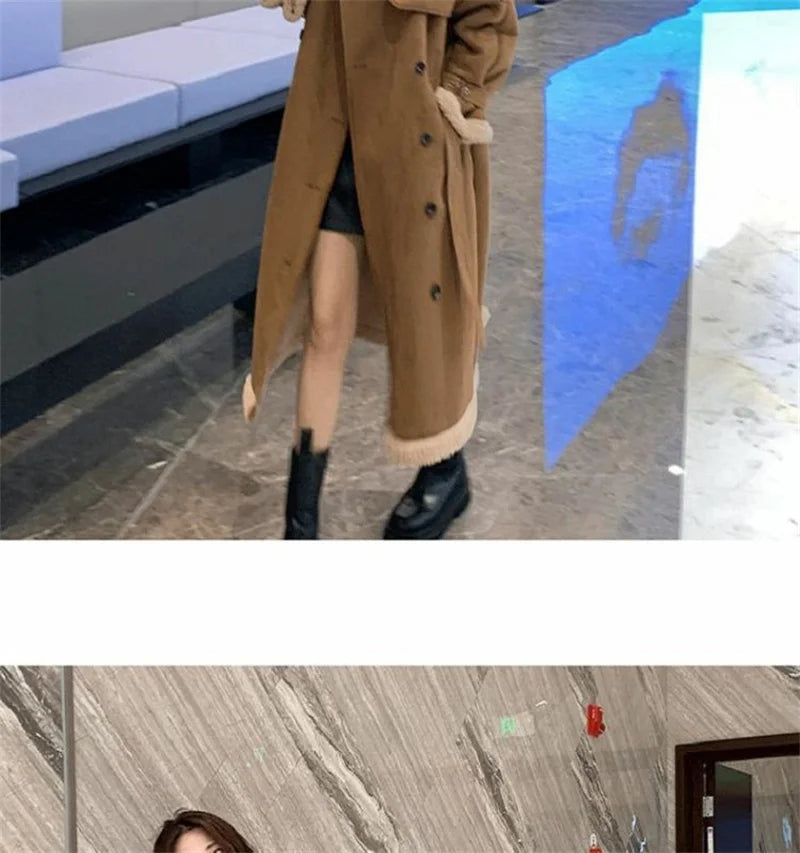 2024 Autumn Winter New Medium Long Double-breasted Lambswool Suede Woolen Coat Women Add Velvet Padded Warm Fur One Woolen Coats RT220