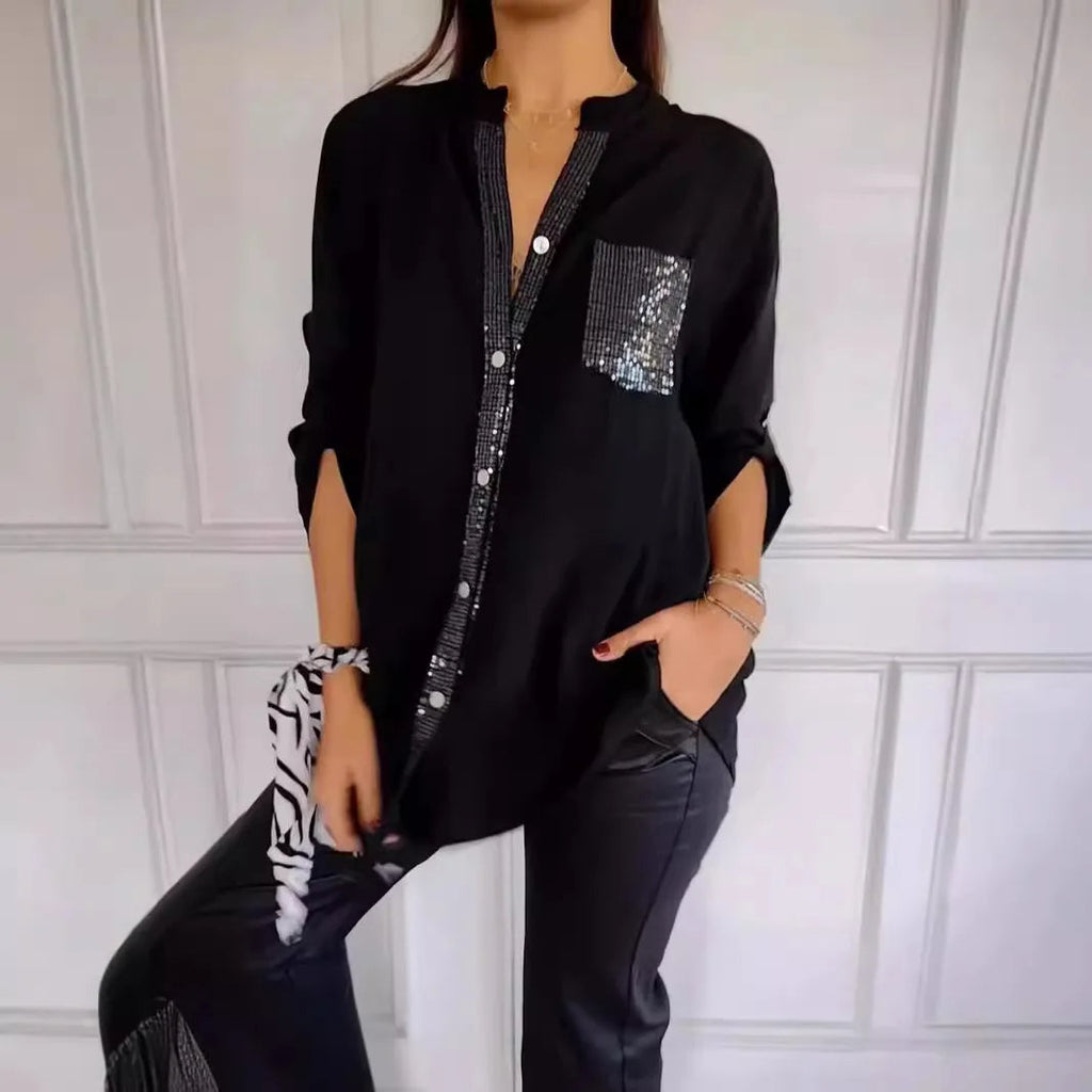 Casual Loose Sequins Patchwork Shirt Blouse Women Fashion Button Long Sleeve Shirts For Women Spring Autumn Pocket Tops Femme RT220