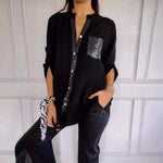 Casual Loose Sequins Patchwork Shirt Blouse Women Fashion Button Long Sleeve Shirts For Women Spring Autumn Pocket Tops Femme RT220