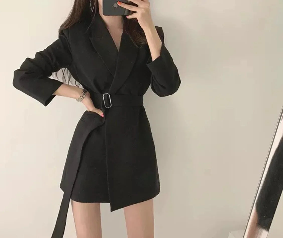 New 2025 Spring Summer Mid-length Small Thin Suit Vintage Belt Korean Fashion Casual Temperament Blazers for Women Clothing RT220