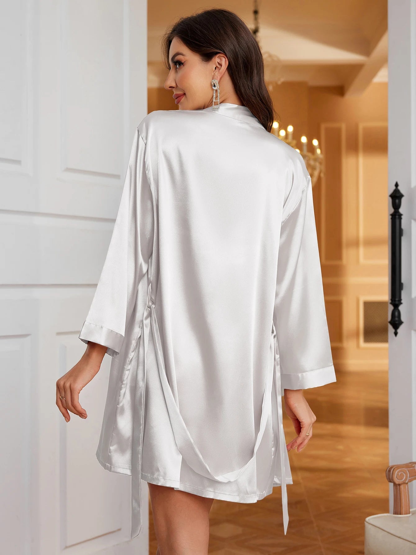 Women's Satin Lace Trimmed Pajama Set Sexy Cozy Two Piece Pajama Set Home Wear For Fall/Winter RT220