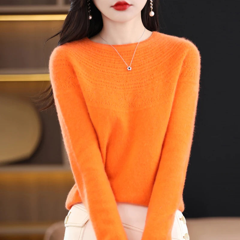 100% Merino Wool Knitted Sweater Autumn/Winter 2024 New Women's Round Neck Hollow Top 11 Color Pullover Versatile Coat NJR1107 RT220