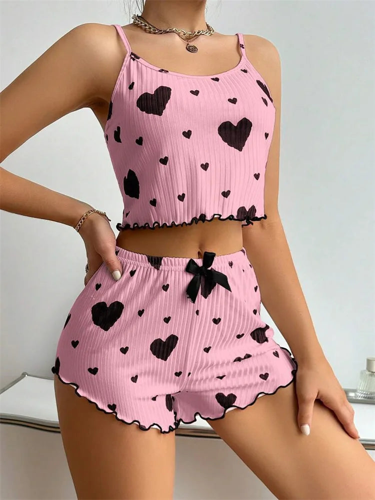Sexy Girl Pajama Sets Love Heart Print Cami Top+Shorts Leisure Stripe Pyjamas Women Home Clothes Summer Sleeveless Sleepwear RT220
