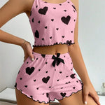 Sexy Girl Pajama Sets Love Heart Print Cami Top+Shorts Leisure Stripe Pyjamas Women Home Clothes Summer Sleeveless Sleepwear RT220