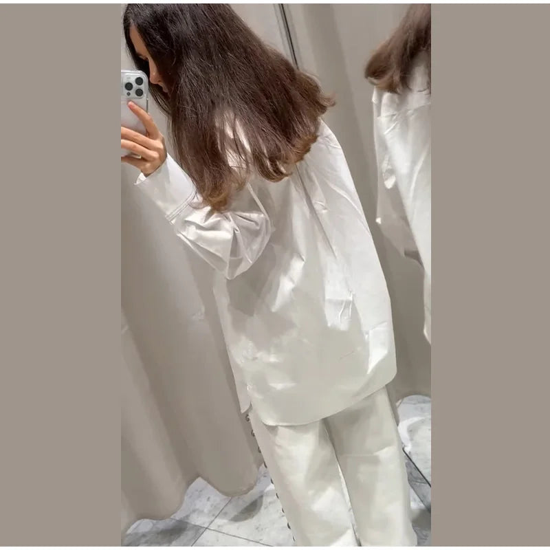 Fashion White Lapel Oversize Long Sleeve Shirts 2025 Spring New Weave Drawstring Blouse Lady Holiday Beach Street Chic Loose Top RT220