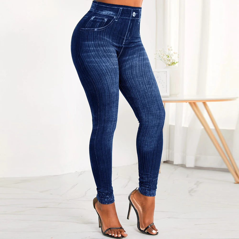 M XXL Faux Denim Leggings Women Clothing Summer High Waist Jeans Oversized Basics Pants Female Casual Slim Trousers RT220