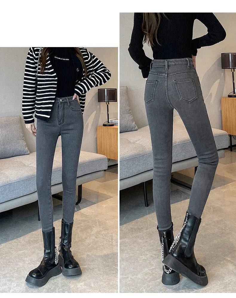 Skinny Women's Warm Jeans Winter Thicken Fleece Stretch High Waist Pencil Pants Fashion Korean Black Blue Gray Velvet Leggings RT220