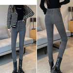 Skinny Women's Warm Jeans Winter Thicken Fleece Stretch High Waist Pencil Pants Fashion Korean Black Blue Gray Velvet Leggings RT220