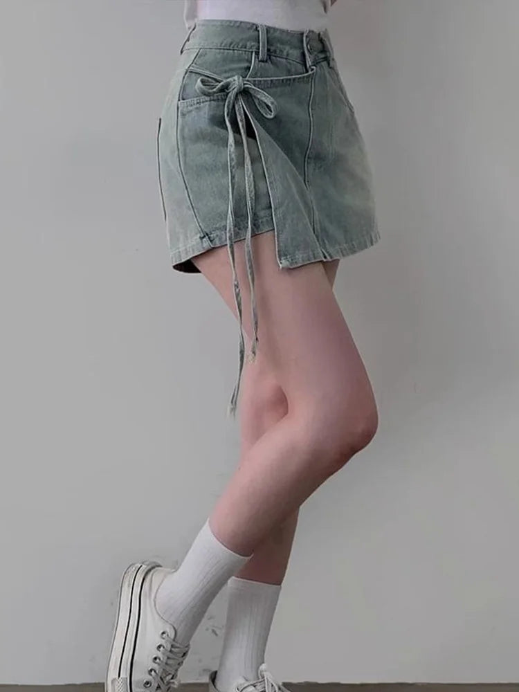 DFCF 2025 Spring Summe Jeans Streetwear Vintage Irregular Laced Up short Jeans Women Y2k Korean Fashion High Waist Straight Pant RT220