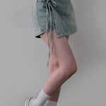 DFCF 2025 Spring Summe Jeans Streetwear Vintage Irregular Laced Up short Jeans Women Y2k Korean Fashion High Waist Straight Pant RT220