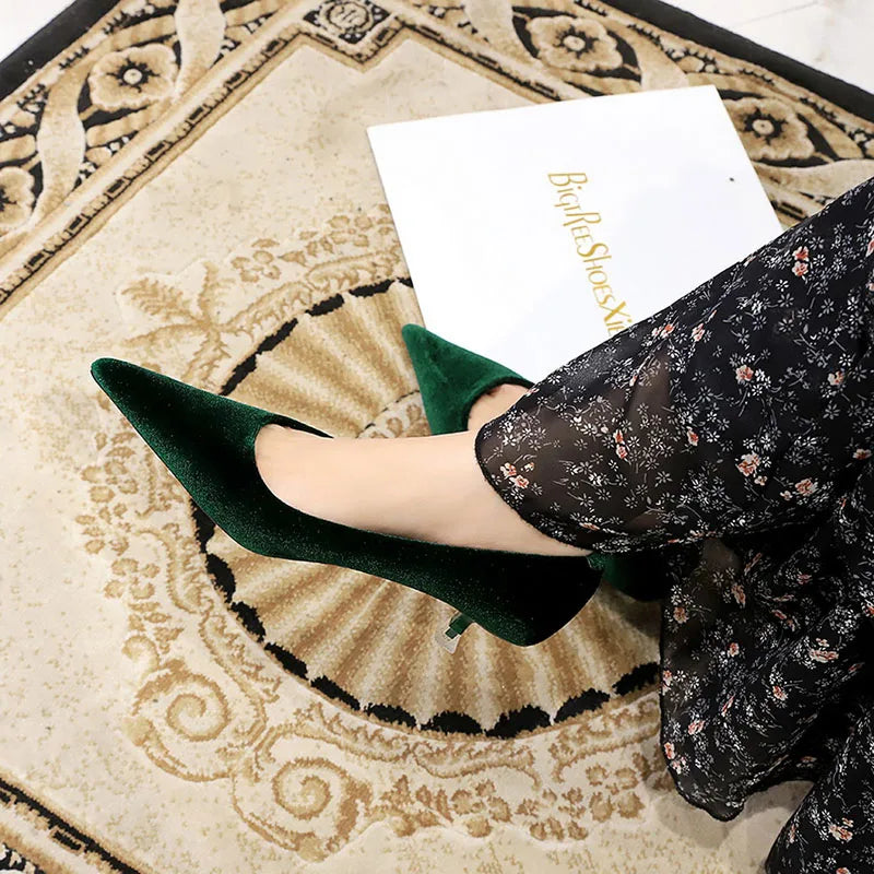 Western Style Fashion Simplicity Party Women Shoes 4.5cm Thin Heels Mid-heels Shallow Pointed Toe Flock Ladies Shoes Wine Red RT220