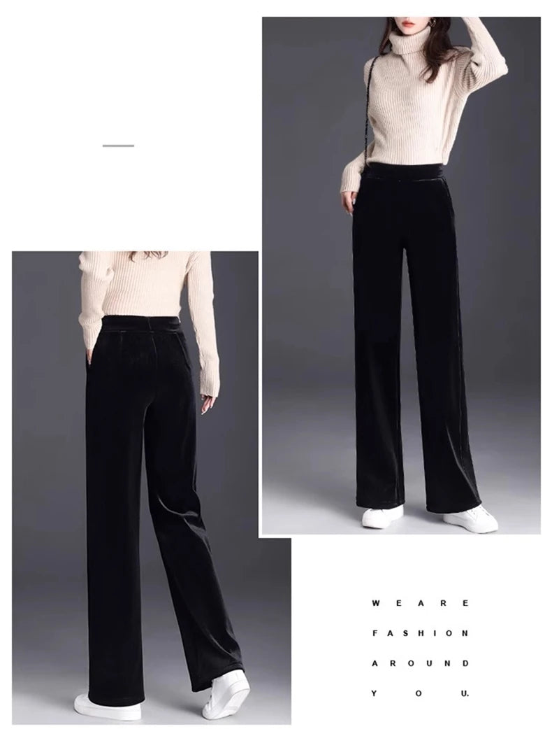 Golden Velvet Wide Legged Pants 2024 Spring and Autumn High Waist Hanging Good Casual Pants Blue Loose Straight Women's Pants6XL RT220