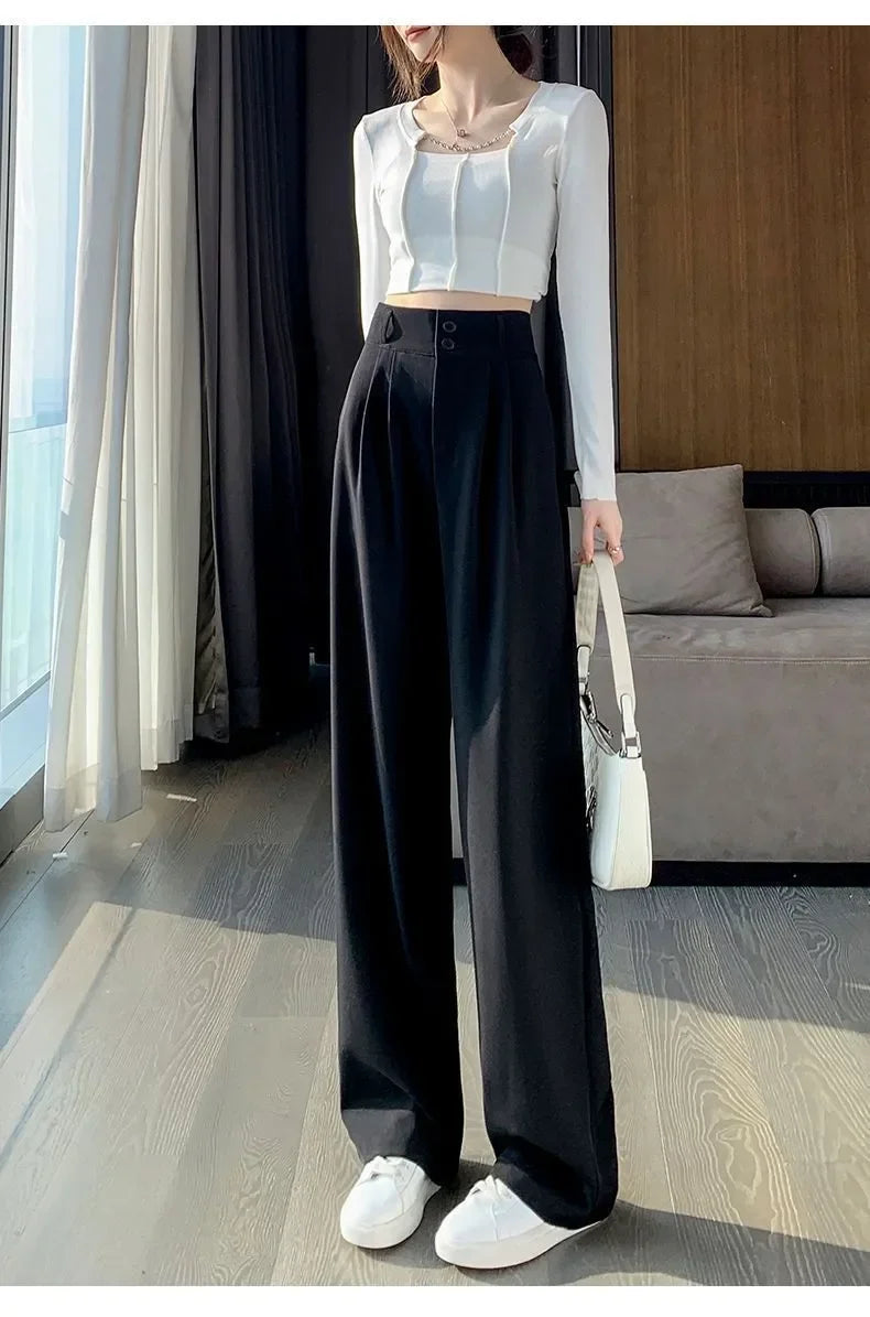 Elegant Wide Leg Pants Women Korean Style High Waist Black Baggy Pants Office Ladies Fashion Loose Suit Trousers Streetwear 2024 RT220