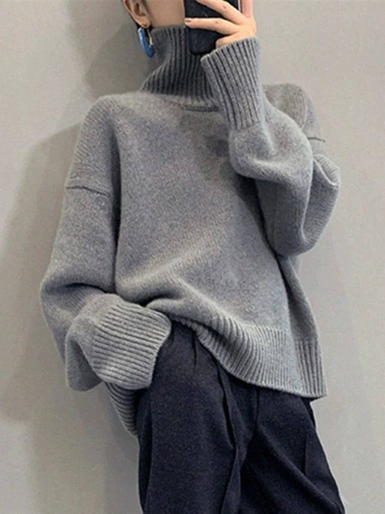 Jmprs Lazy Wind Grey Turtleneck Sweaters Women Vintage Loose Knitted Pullovers Streetwear Retro Harajuku Long Sleeve Simple Tops RT220