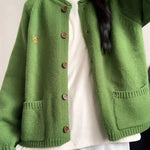 Autumn Winter Women Green Sweaters Coats O-Neck Pockets Embroid Button Fashion Sweet Lazy Wind Long Sleeve Cardigan Knit Tops RT220