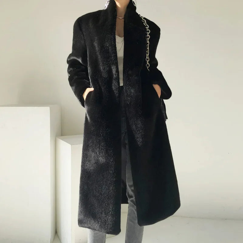 Faux Fur Coats Women Stand Collar Mid Length Long Coat Thick Maxi Warm Y2k Tops Open Stitch Elegant Autumn Winter Black Jackets RT220