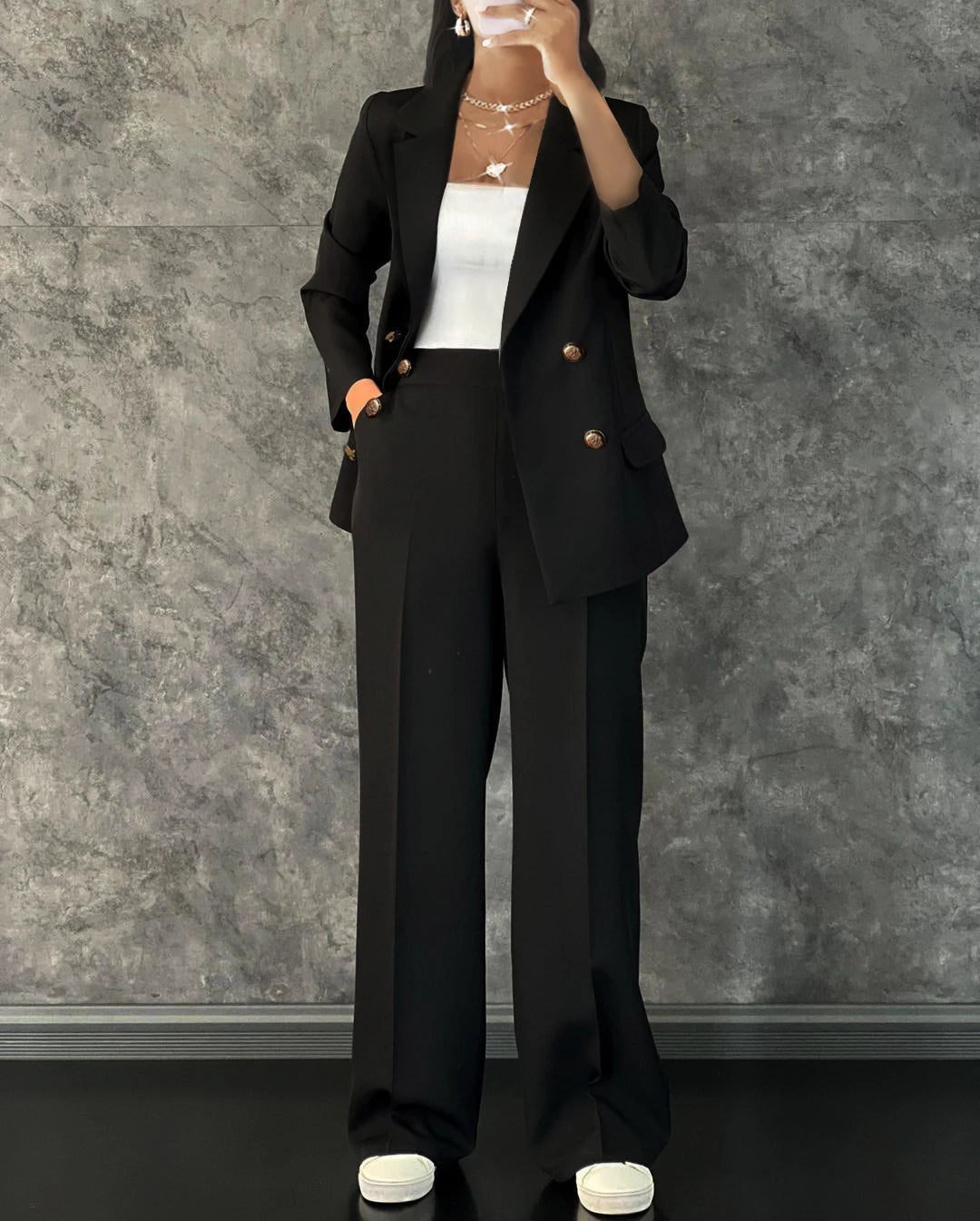 Ladies' autumn and winter black commuting elegant casual loose button suit jacket and elastic waisted suit pants two-piece set RT220
