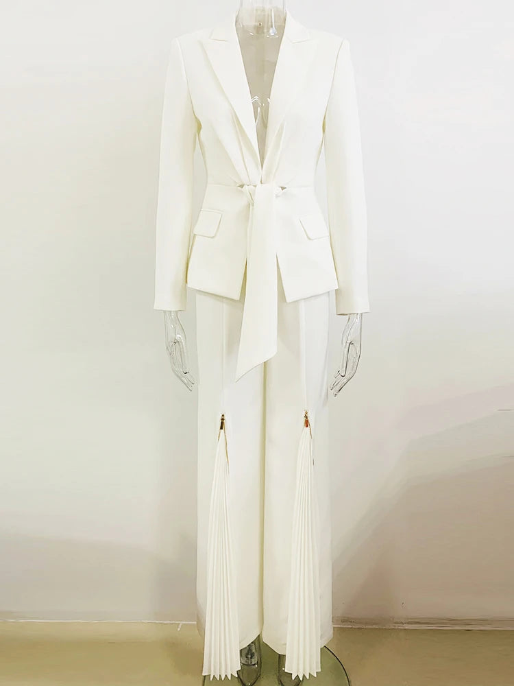 HIGH STREET Newest 2024 Designer Runway Suit Set Women's Lacing Belt Blazer Pleated Zip Pants Set 2pcs Set RT220