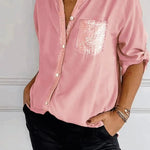 Casual Loose Sequins Patchwork Shirt Blouse Women Fashion Button Long Sleeve Shirts For Women Spring Autumn Pocket Tops Femme RT220