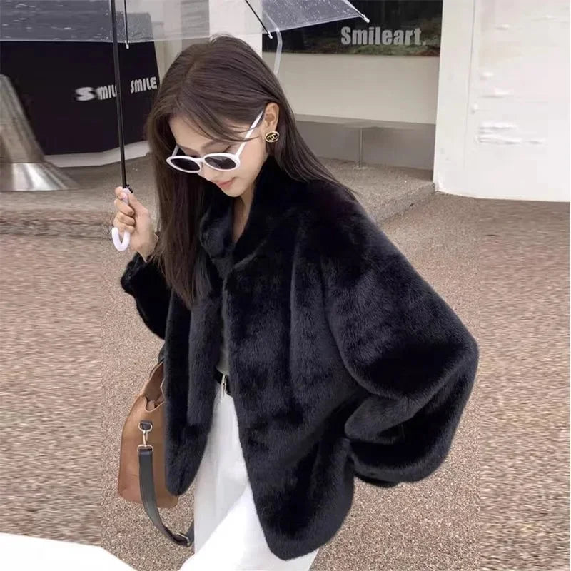 2024 Women Solid Color Stand Collar Mink Fur Top Female Long Sleeves Fox Fur Jacket Spring Autumn Lady Short Leather Fur Outwear RT220