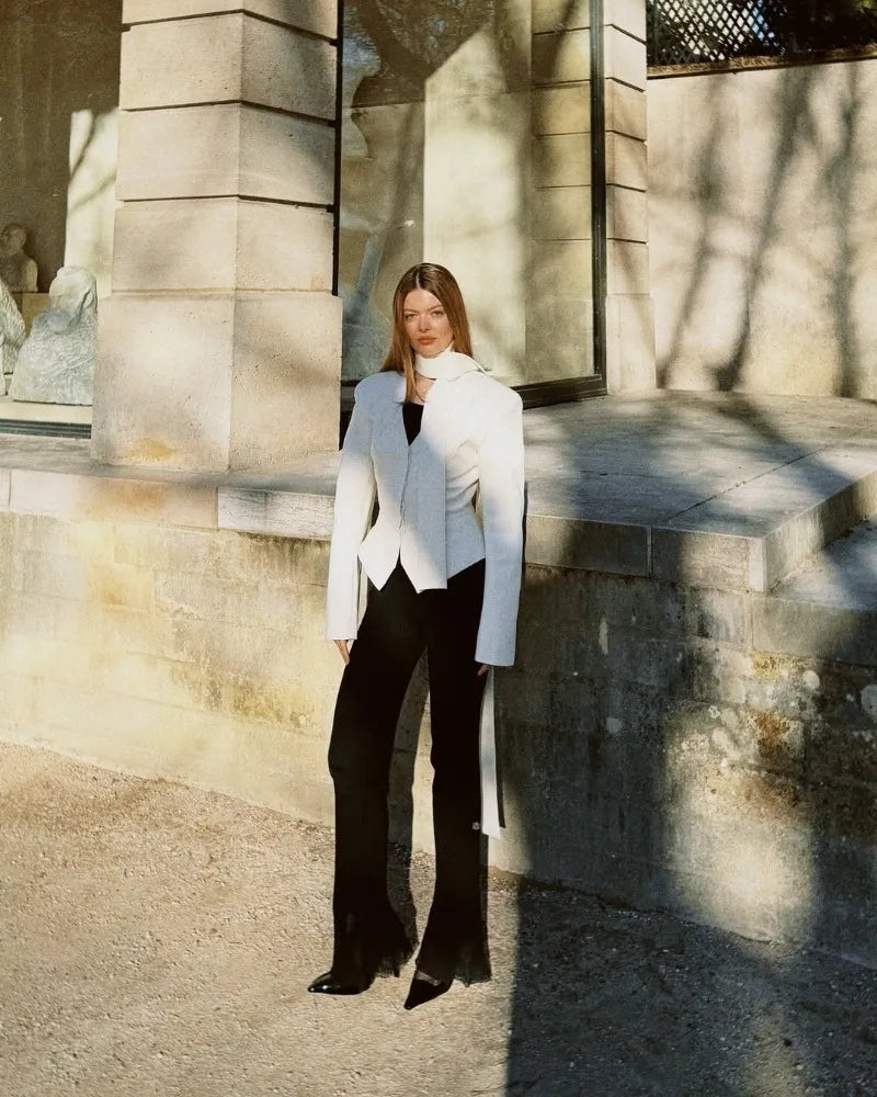 Trendix Elegant Blazer 2 Piece Sets Women V Neck Patchwork Scarf Lace Up Jackets Femme Bodycon Skirt And Commuting Blazers Suits RT220