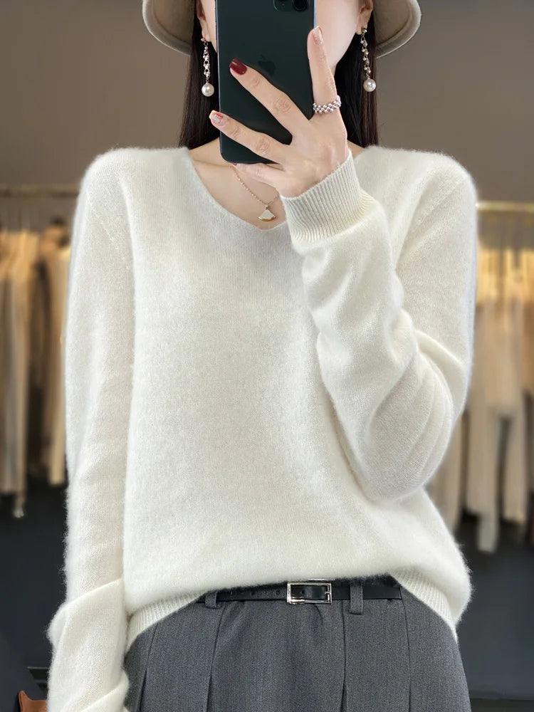 2024 New Womens Basic V-neck Pullover Sweater 100% Merino Wool Long Sleeve Cashmere Knitwear Autumn Winter Female Clothing Tops RT220