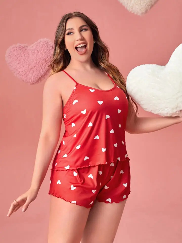 Plus-Size XL-5XL Women Pajama Set Nightgowns Cami Shorts Nightclothes  Sleeveless Nightwear Red Love Print Soft Sleepwear Summer RT220