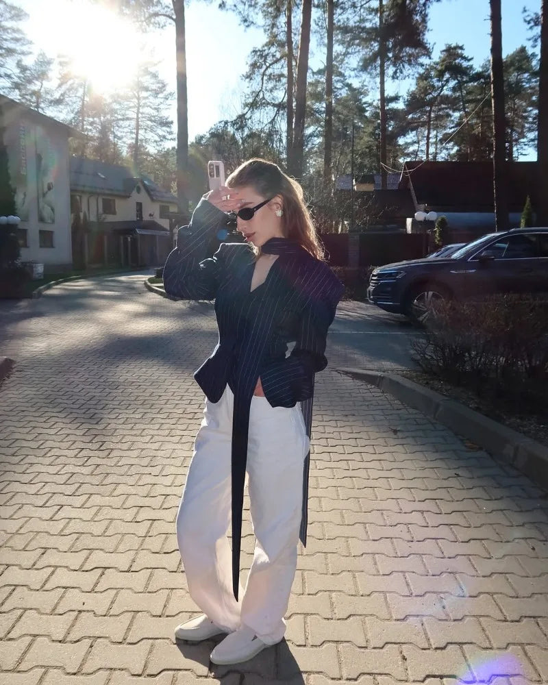 Trendix Elegant Blazer 2 Piece Sets Women V Neck Patchwork Scarf Lace Up Jackets Femme Bodycon Skirt And Commuting Blazers Suits RT220