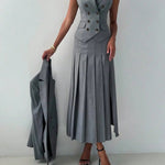 3pcs Women Elegant Work Casual Business Suit Set: Fitted Vest for Spring/Summer, Pleated Midi Skirt, Suitable for Office Lady RT220