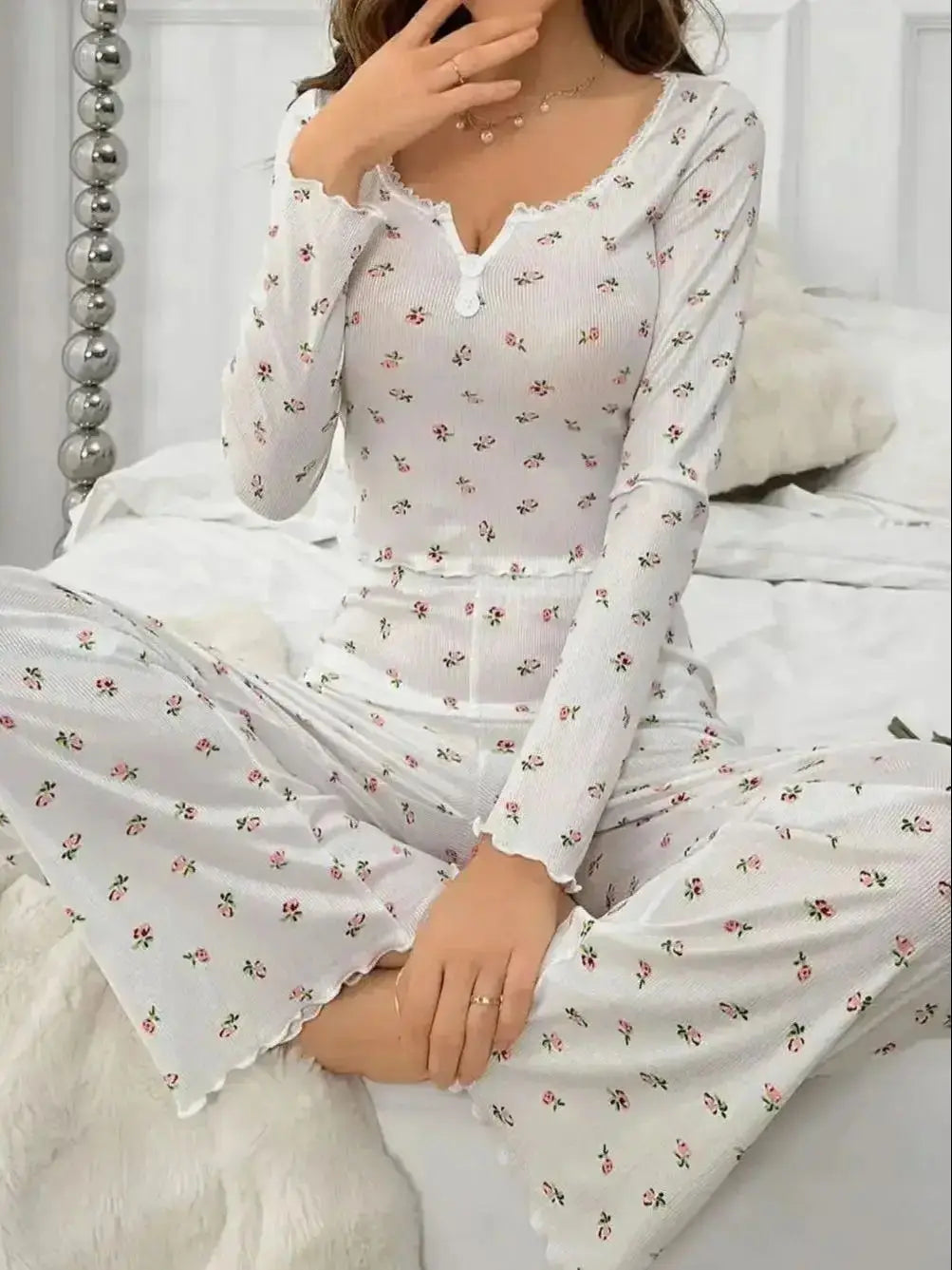 Women's Sleepwear Suit Vintage Floral Print Lettuce Trim Long Sleeve Top and Pant Loungewear Full Sleeve Nightwear Pajamas Set RT220