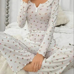 Women's Sleepwear Suit Vintage Floral Print Lettuce Trim Long Sleeve Top and Pant Loungewear Full Sleeve Nightwear Pajamas Set RT220