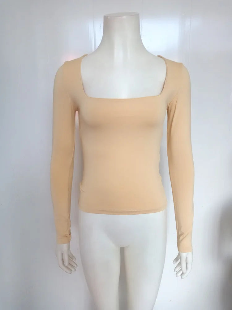 Sexy Solid Color Square Collar Elastic Slim T Shirt Women Long Sleeves Bottoming Shirt Ladies Tee Shirt Tops Camisetas Mujer RT220